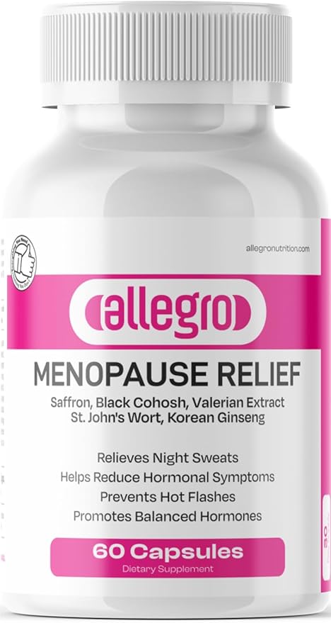 Allegro Menopause Relief Supplement, 60 Capsules, with Saffron, Black Cohosh, Valerian Extract, St. John's Wort, Korean Ginseng