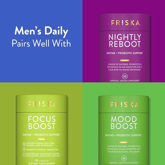 Friska Men’s Daily Gut Support - Digestive Enzymes, Probiotics to Help Break Down Foods, Supports Energy & Nutrient Absorption with Vitamins B6 & B12, 90 Capsules