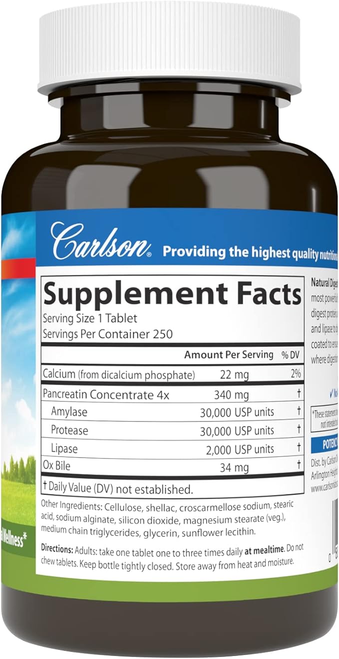 Carlson - Natural Digestive Enzymes, Digestive Aid #34 with Protease, Amylase & Lipase, Digestive Support, Nutrient Absorption & Optimal Wellness, 250 Tablets