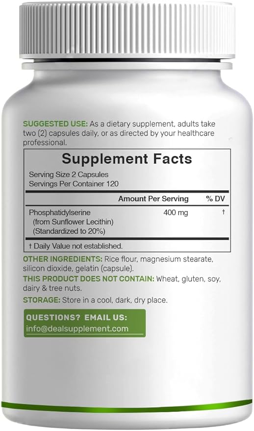 Phosphatidylserine Supplement, 400mg Serving, 240 Capsules – Soy Free Sunflower Lecithin Source