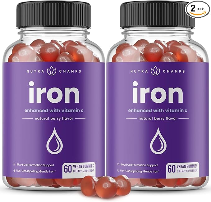 NutraChamps Iron Gummies with Vitamin C, 20mg Iron Blood Cell Formation Support, 120 Gummies for Iron Deficiency & Anemia, Energy, Focus, Immune Boost Pack of 2