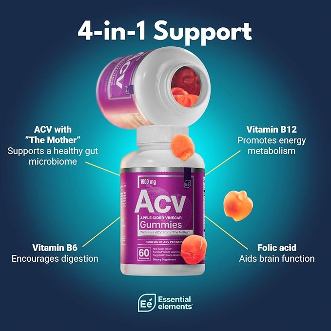 Essential Elements Apple Cider Vinegar Gummies from The Mother - Naturally-Sourced, Vegan ACV with Folic Acid and Vitamin B6 & B12 60 Count