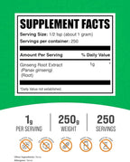 BulkSupplements.com Ginseng Root Extract Powder - Panax Ginseng Supplement, Herbal Supplement - Vegan & Gluten Free, 1g per Serving, 250g (8.8 oz) (Pack of 1)