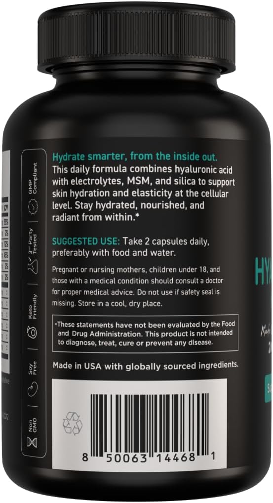Vital Vitamins Hyaluronic Acid Supplement Hydration Complex - with Hyaluronic Acid, MSM, Vitamin C, Coconut Water Powder, & Silica - Skin Hydration Supplements - Non-GMO - 60 Capsules, 30 Servings
