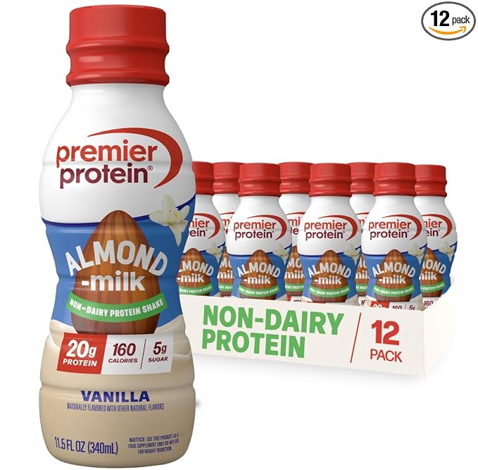 Premier Protein Non-Dairy Plant Based Almondmilk Protein Shake, Vanilla, 20g Protein, 5g Sugar, 11.5 Fl oz, 12 Count