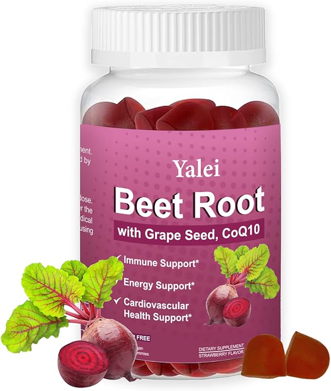 Beet Root Gummies for Blood Pressure | Sugar-Free | Beetroot Supplement with 1000 mg Beet Root, 1000 mg Grape Seed Extract & 200 mg CoQ10 | Vegan Non-GMO | Strawberry Flavor