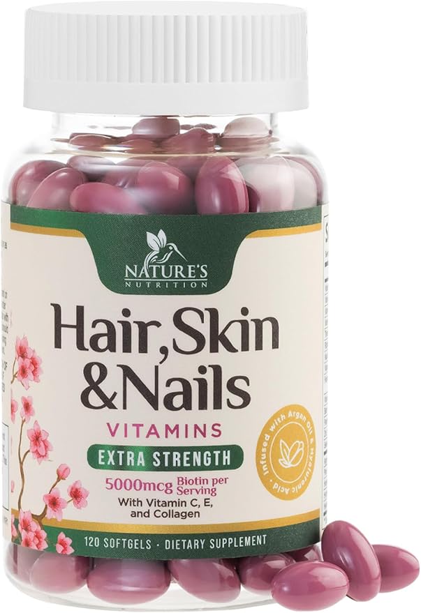 Hair, Skin & Nails Vitamins - Biotin 5000mcg Per Serving - Extra Strength Hair Growth Support For Women with Collagen, Argan Oil - Beautiful Skin, Hair & Nails Supplement - USA Bottled - 120 Softgels
