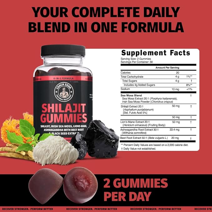 Coach Soak Shilajit Gummies 6-in-1: Tasty Raspberry Watermelon Flavor with Ashwagandha, Lion’s Mane, Irish Sea Moss, Beet Root & Black Seed Oil - Lab Tested Pure Shilajit for Men and Women | 60 ct