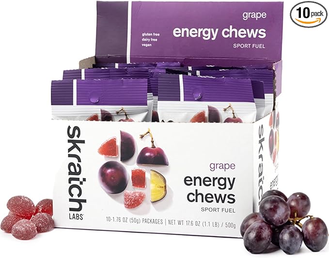 Skratch Labs Energy Chews | Gummies for Running, Cycling & Endurance Quick Carbs for Athletes, Easy to Digest, Real Fruit | Gel Alternative for Long Runs & Rides | Grape 10 Pack | Gluten Free, Vegan