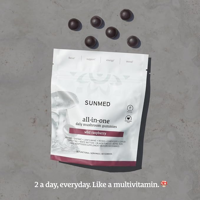SUNMED All-in-One Mushroom Gummy Supplements for Focus, Energy, Mood & Immune Support – 10 Functional Mushrooms (Lion’s Mane, Reishi, Cordyceps, Chaga) | Wild Raspberry Flavor, 60ct