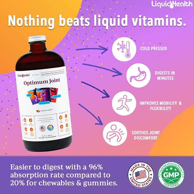 LIQUIDHEALTH Optimum Joint Support Liquid Multivitamin with Glucosamine, Chondroitin, MSM, Hyaluronic Acid - Increase Mobility, Joint Comfort, for Runners & Athletes - Made in USA, Vegan (2 Pack)