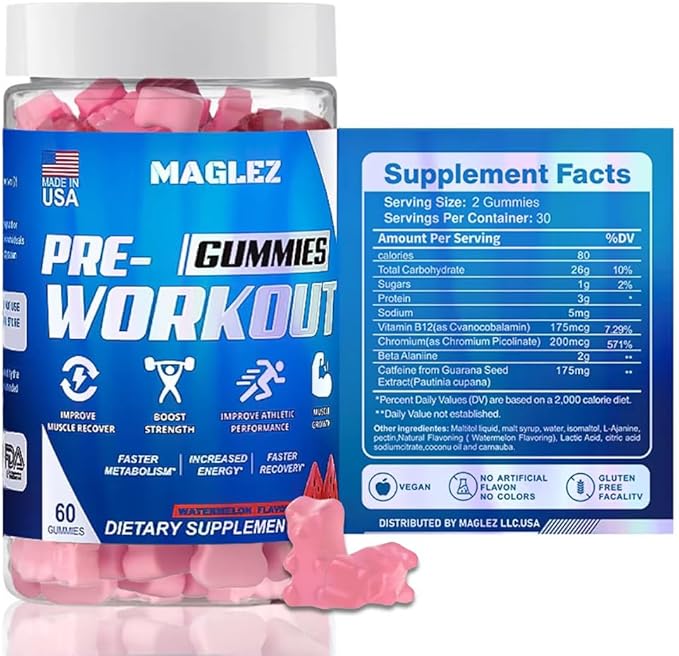 Pre Workout Gummies for Men & Women, PreWorkout Gummy with Beta Alanine | Organic Caffeine | Chromium Picolinate | Gluten free, Vegan, increased energy, faster metabolism & recovery (60 gummy)
