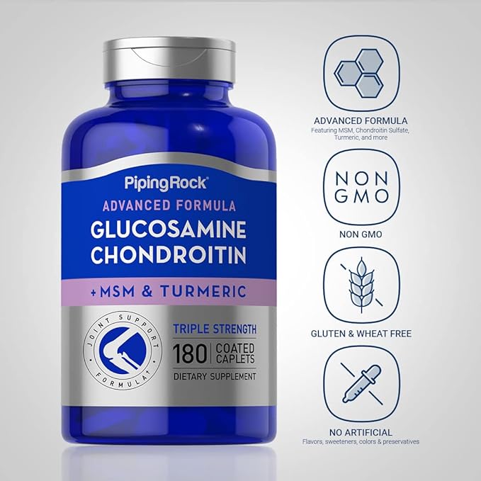 Piping Rock Glucosamine Chondroitin MSM Turmeric | 180 Caplets | Triple Strength | Advanced Supplement | Non-GMO, Gluten Free