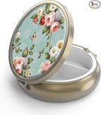 Pill Case Pill Box with Mirror Retro 3 Compartment Small Pill Case for Purse or Pocket Bronze Small Roud Pill Box or Vitamins, Fish Oil, Supplements, Pill Containe Travel Gifts（Retro Green Floral）