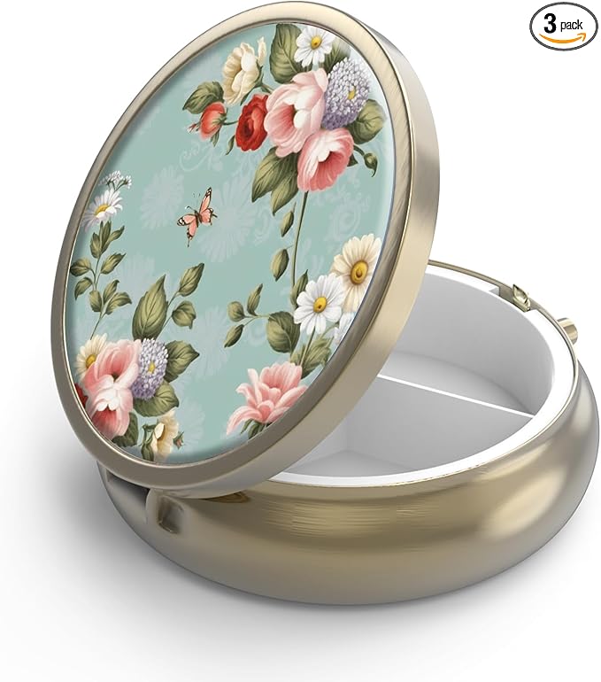 Pill Case Pill Box with Mirror Retro 3 Compartment Small Pill Case for Purse or Pocket Bronze Small Roud Pill Box or Vitamins, Fish Oil, Supplements, Pill Containe Travel Gifts（Retro Green Floral）
