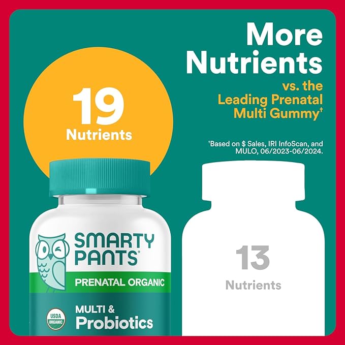 SmartyPants Organic Prenatal Vitamins for Women, Multivitamin: Probiotics, Biotin, Methylfolate, Omega3(ALA), VitaminD3,C, VitaminB12, B6, A, K2 & Zinc,Choline, (30 Day Supply), 120 Count (Pack of 2)