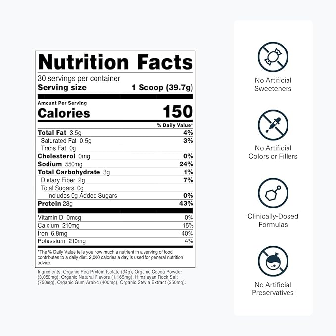Transparent Labs 100% Pea Protein Powder - 28g Organic Plant Protein per Serving, Clean Pea Isolate Powder, USDA Organic, Vegan, Gluten-Free, Sugar-Free, Non-GMO - 30 Servings, Chocolate