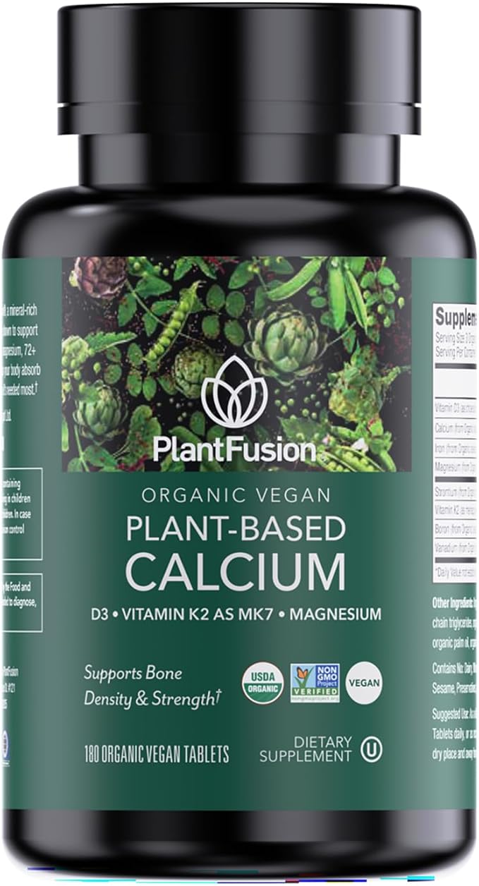 PlantFusion Organic Vegan Calcium, Premium Organic Plant Based Calcium (1000mg) Sourced from Icelandic Red Algae, Plus Magnesium, D3, K2, Iron and Boron, 180 Vegan Tablets