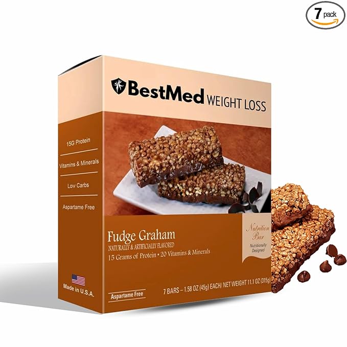 BestMed Protein Bar – 15g Protein, Low Carb, Low Sugar, High Fiber, Low Calorie Meal Replacement Nutrition Bar, Healthy Snack for Weight Management Diet (Fudge Graham, 7 Count)