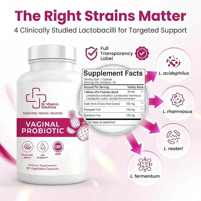 Vaginal Probiotic for Women – 7 Billion CFU Lactobacillus Blend + Prebiotic Inulin, Cranberry & Pineapple – Vaginal pH & Microbiome Support – Daily Women’s Probiotics – 30 Veg Capsules