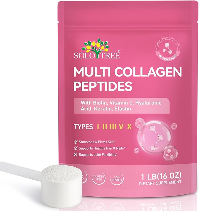 Multi Collagen Peptides Powder, 1 lb Unflavored Hydrolyzed Collagen Types I, II, III, V, X，16 oz (41 Servings)-Hyaluronic Acid Power,Grass Fed Collagen Supplements for Women and Men, Non GMO