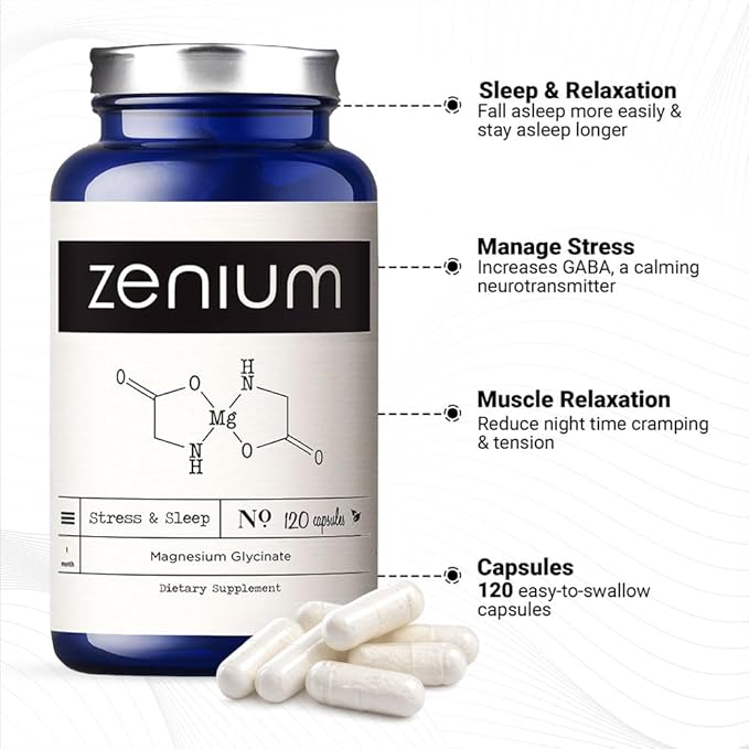 Zenium - Magnesium Glycinate for Sleep, Chelated, 600mg per Serving, 120 Capsules | High Absorption | Relieve Tension, Worry, Nervousness | Calm The Mind & Body | Ayurvedic | Natural Relief Supplement