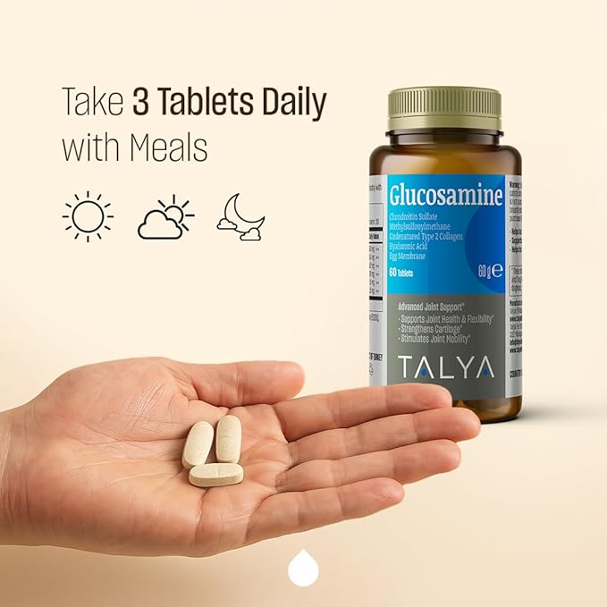 TALYA Glucosamine Supplement 1500 mg - 1 Month Supply - with Chondroitin, MSM, Collagen, Hyaluronic Acid - Non-GMO, 60 Tablets - Supports Joint Mobility and Comfort