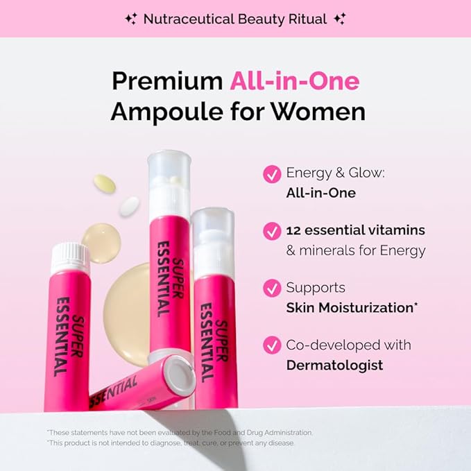 VITALBEAUTIE Super Essential (7-Day) – Women’s All‑in‑One Beauty + Multivitamin Ampoules & Tablets – 1,000mg Fish Collagen + 1,000mg Vitamin C, Biotin, Iron, Vitamin D – Grape Flavor - 7 Servings