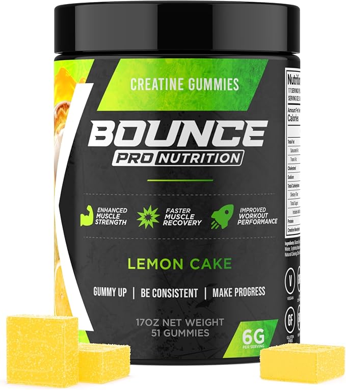 Bounce Pro Creatine Monohydrate Gummies for Men & Women, Low Calorie, 6G of Creatine per Serving, Vegan, Anti-Melting, Gluten-Free, Non-GMO (51 Count (Pack of 1), Lemon Cake)