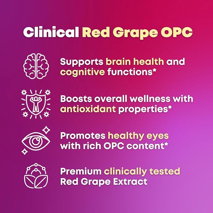 Resveratrol Complex Supplement with Clinically Tested Cognigrape Red Grape Extract OPC Proanthocyanidins - Antioxidant & Brain Health Support - 90 Veggie Capsules, Non-GMO, Gluten-Free, Vegan