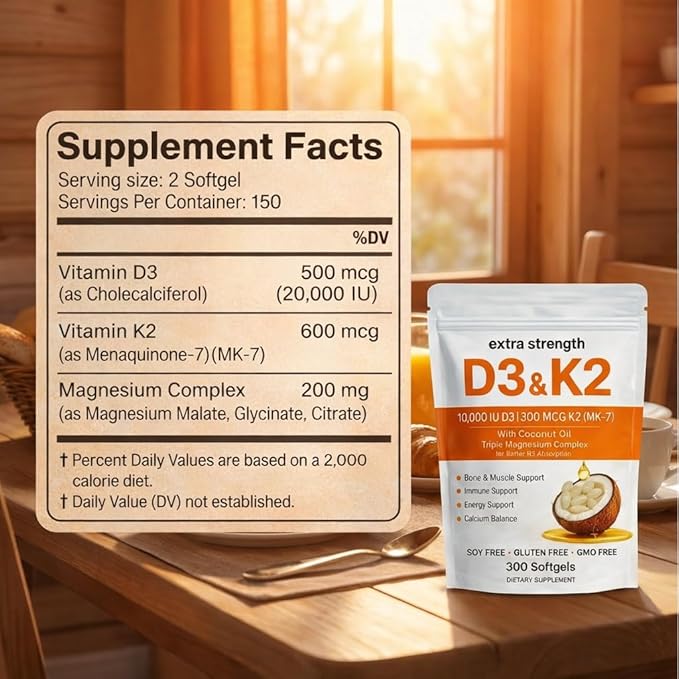 ELVERA Vitamin D3 K2 Magnesium Complex, Extra Strength D3 & K2 with Triple Magnesium Softgels, D3 K2 Vitamin 10000 IU Softgels(1)