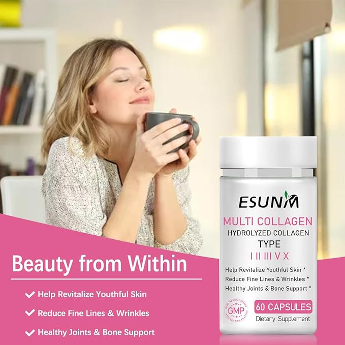 ESUNM Multi Collagen Capsules for Women & Men - Type I, II, III, V, X - Hydrolyzed Collagen Supplements with Biotin, Vitamin C for Hair, Skin, Nail & Joint Support, 60 Capsules,30 Servings