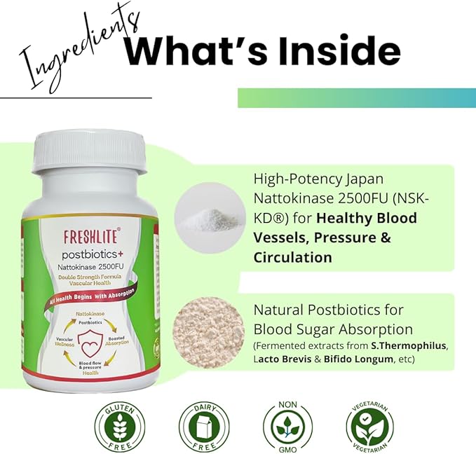 FRESHLITE 2500FU Premium NSK-SD Nattokinase & Vegan Postbiotics for Cardiovascular Support | Blood Pressure, Cholesterol & Heart Health | JNKA Certified | Non-GMO, Gluten-Free, 60 Capsules Japan Made