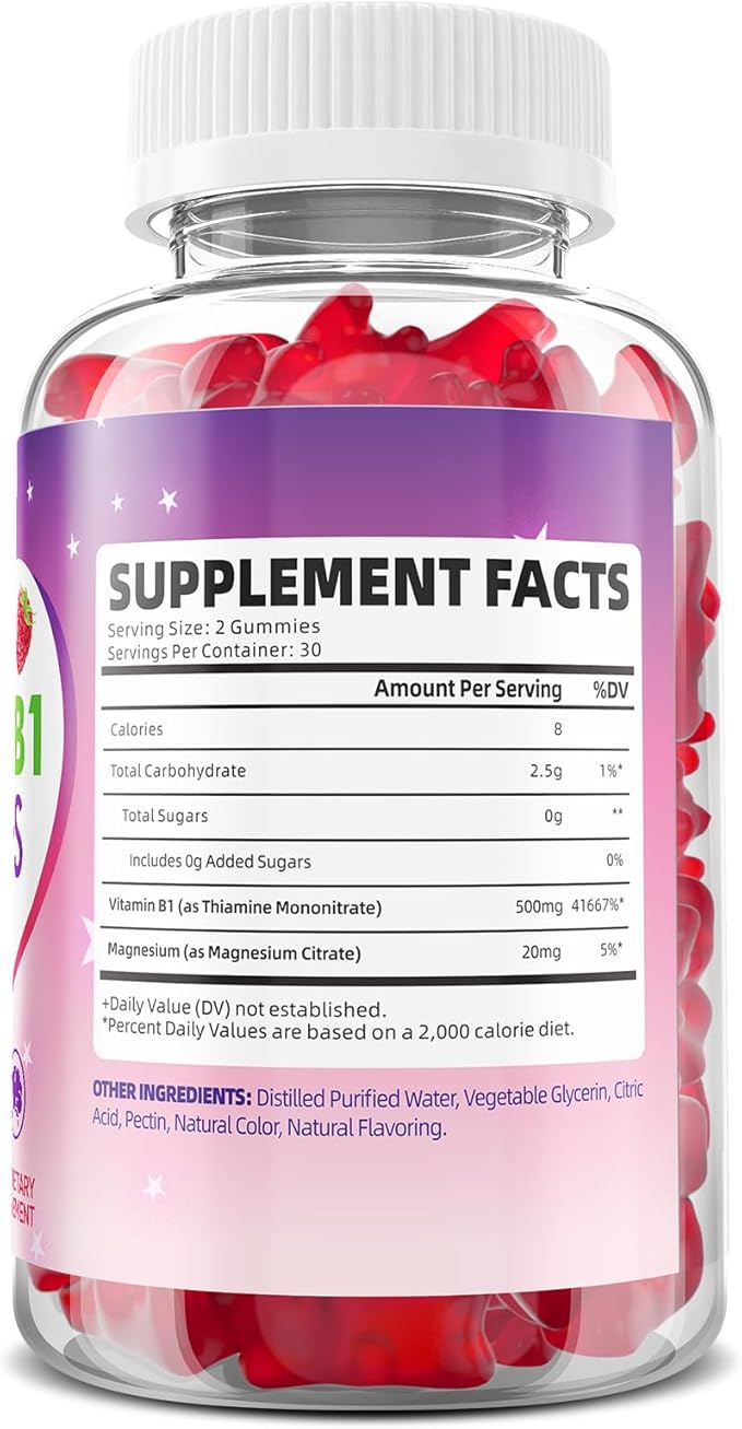 2 Pack Vitamin B1 Gummies 500mg for Adults & Kids – High Potency Thiamine B1 Supplement for Energy & Nervous System Support, Sugar-Free, Raspberry Flavor, 120 Count