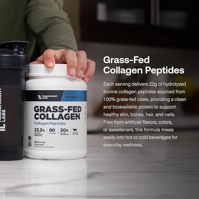 Transparent Labs Grass-Fed Collagen Peptides Powder - Collagen Powder for Women & Men, 22G Bovine Hydrolyzed Collagen Peptides Powder for Skin, Hair, Bones & Muscle Recovery - Chocolate, 30 Servings