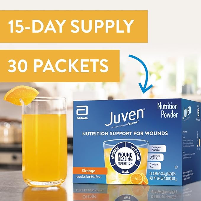 Juven Therapeutic Nutrition Drink Powder Including Collagen Peptides, Amino Acids, and HMB for Wound Healing Support, Orange, 30 Packets,(Pack of 2)