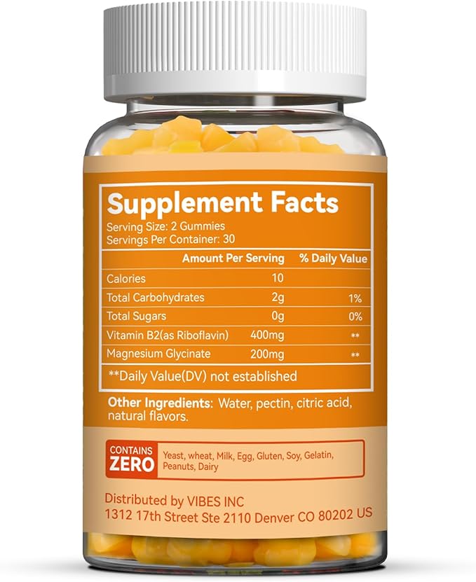 Vitamin B2 Gummies,Riboflavin 400mg Supplement with Magnesium for Adults,B2 Gummies for Migraine Relief* & Nervous System Support*,Vegan - 60 Counts
