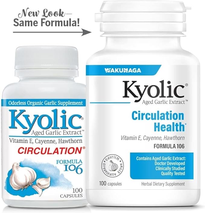 Kyolic Aged Garlic Extract Formula 106 - Circulation Health Support - Cardiovascular & Circulation Supplement - 100 Capsules (50 Servings)