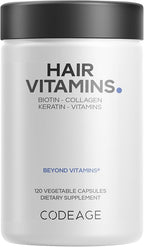 Codeage Hair Vitamins 10000 mcg Biotin, Keratin, Collagen, Vitamin A, B12, C, D3, E, Zinc, Turmeric, Probiotics, Enzymes, Inositol - Hair Care Support - Healthy Hair Supplement Pills - 120 Capsules