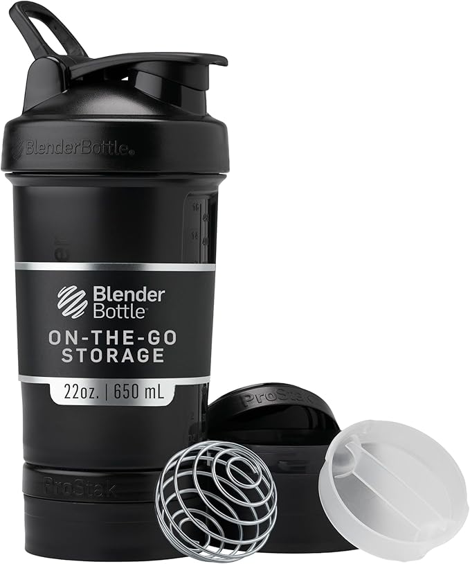 BlenderBottle Shaker Bottle with Pill Organizer and Storage for Protein Powder, Classic V2 ProStak System, 22-Ounce, Midnight Black