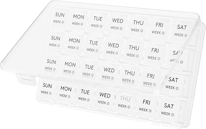 Lifewit Monthly Pill Organizer, 28 Day Pill Box, 4 Weeks One Month Vitamin Cases, Large Compartments Medicine Organizer for Fish Oils, Supplements, 28 Grids, Clear