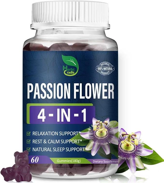 Passion Flower Extract Gummies for Natural Sleep Support, 4-in-1 Herbal Supplement for Calm & Relaxation w/Lemon Balm and More, Pasiflora Gomitas para Dormir. 60 Count