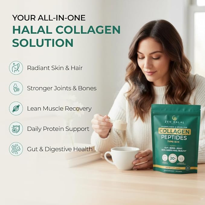 Collagen Powder with Vitamin C & Probiotic (18g Protein) Pure Grass Fed Halal Collagen Peptides for Women - Unflavored & Hydrolyzed Bovine Type I & III for Skin, Hair, Nails, Joints and Gut