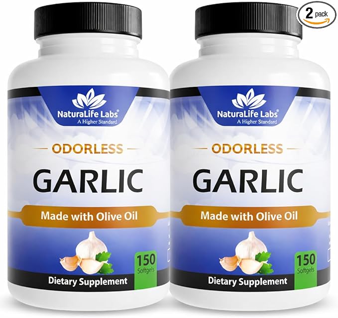 NaturaLife Labs Odorless Garlic Supplement – 30 mg Garlic Extract per Serving (2 Softgels) with Organic Olive Oil – 150 Softgels – Non-GMO, Gluten-Free (2 Pack)