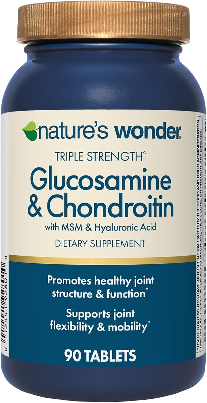 Nature's Wonder Triple Strength Glucosamine Chondroitin with MSM and Hyaluronic Acid and Boswellia for Joint Health, Supports Joint Flexibility and Mobility, 45 Day Supply, 90 Tablets