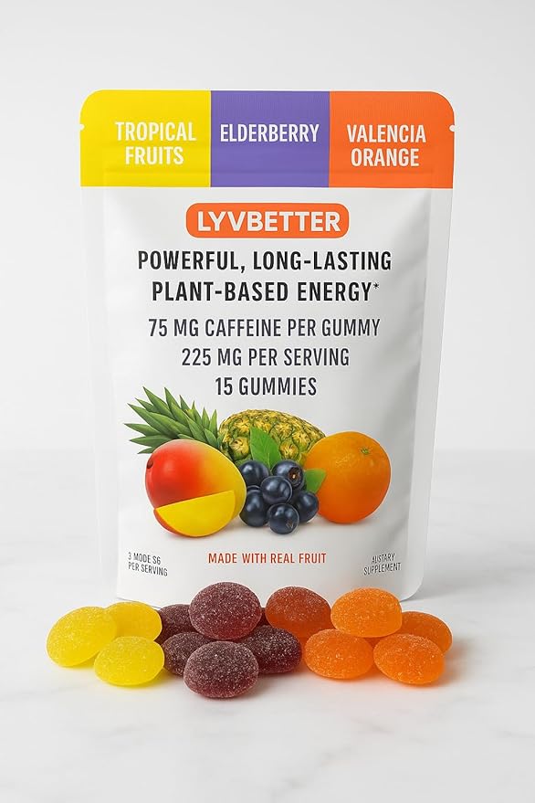 Energy Gummies - Lyvbetter - in 3 Different Flavors - 75mg Caffeine per Gummy, 3 Gummies per Serving - 15 Gummies Total