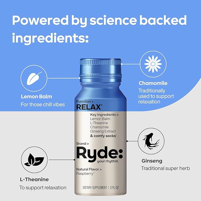 Ryde Discovery Pack | Energize, Focus, Relax & Sleep Shots | Green Tea Caffeine, Ginseng, B Vitamins, L-Theanine, Lemon Balm, Chamomile, Melatonin | 0 Calories, 0 Sugar | Variety Pack (8 Pack)