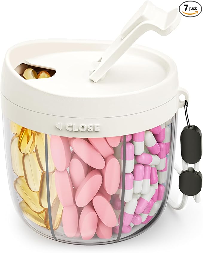 AMOOS Cute Pill Dispenser with 7 Large Compartments, Portable Pill Bottle Organizer with Wide Opening for Easy Use, Anti-Mix Pill Organizer for Travel, BPA-Free Pill Container, White
