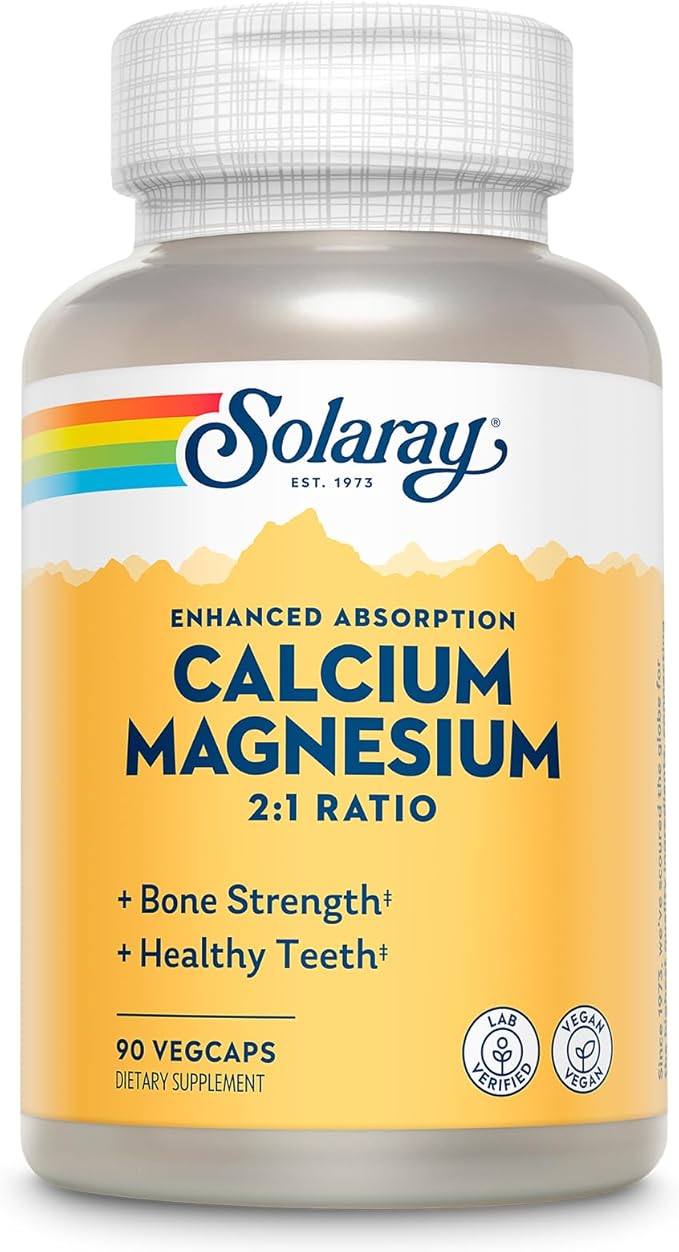SOLARAY Calcium Magnesium Supplement, Magnesium & Calcium Supplements for Women and Men, 2:1 Ratio, Bone Health & Strength, Vegan, High Absorption, 60-Day Guarantee, 22 Servings, 90 VegCaps