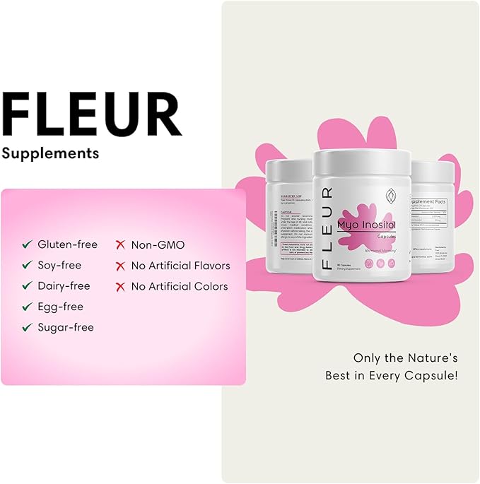 FLEUR Myo-Inositol & D-Chiro Inositol Capsules, Hormone Balance and Ovarian Function Support for Women, Regulates Menstrual Cycle, Non-GMO & Vegan, 90 Capsules